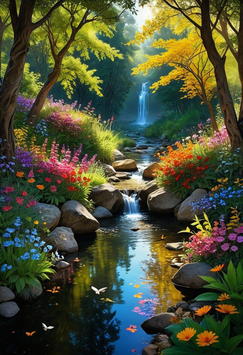 A serene landscape transitioning from a dark, melancholic environment to a vibrant, flourishing ecosystem, illustrating the contrast of biodiversity. Include lush green plants, colorful flowers, and diverse wildlife coming to life, symbolizing rebirth and hope. Incorporate elements of water, sunlight, and rich textures to emphasize restoration. Fantasy art style, vibrant colors, and detailed nature scenes.