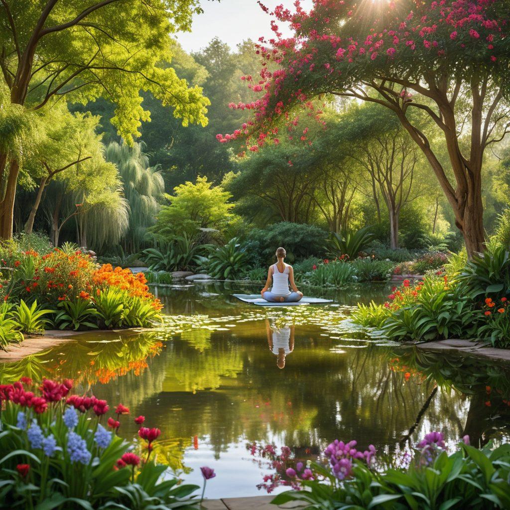 A serene park scene featuring lush green trees, vibrant flowers, and a calm pond, where people of diverse backgrounds are practicing yoga and meditating, with soft sunlight filtering through the leaves. The image should evoke tranquility and connection to nature. super-realistic. vibrant colors. peaceful atmosphere.