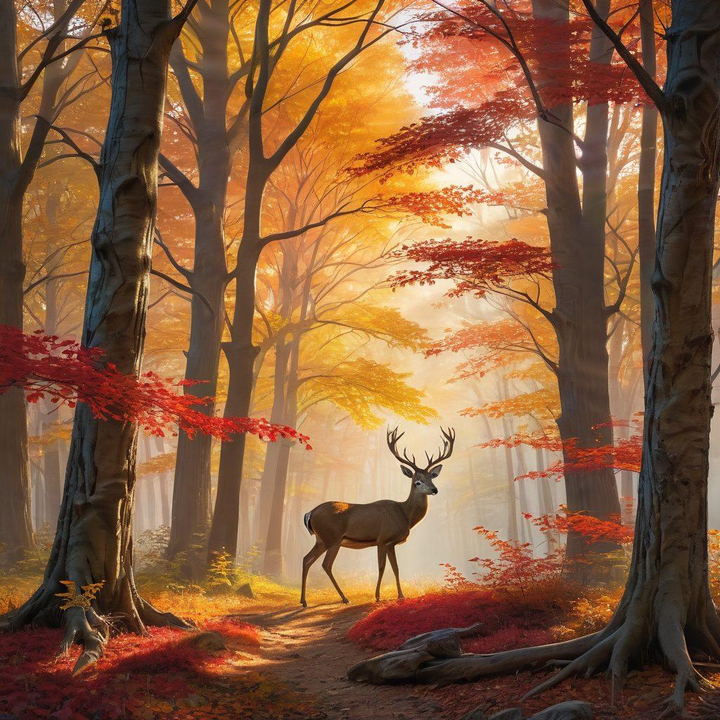 A serene forest scene depicting a majestic tree with colorful autumn leaves, symbolizing healing and reflection. A soft, golden light filters through the branches, casting gentle shadows on the forest floor. Small wildlife, like deer and birds, peacefully coexist among blooming flowers, highlighting the beauty of nature. The atmosphere is calm and introspective, invoking feelings of melancholy mixed with hope. vibrant colors. super-realistic. ethereal lighting.